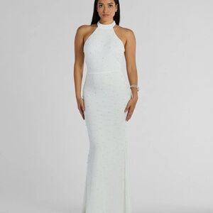 Courtney Halter Faux Pearl Bead Slim Formal Dress